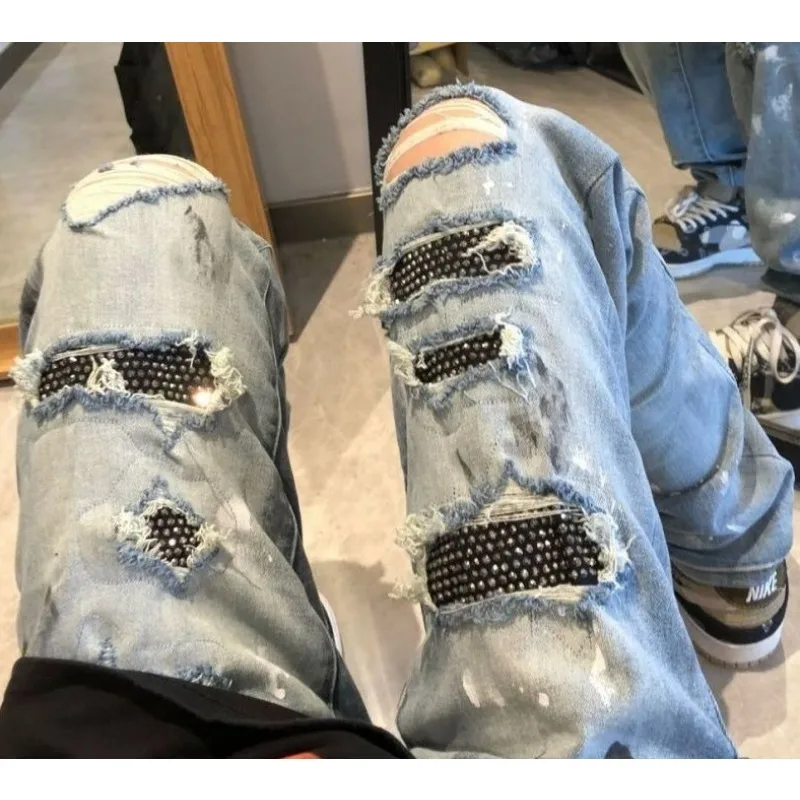 

Luxury Brand Designer Jeans Man High Quality 2026 Autumn New Diamond Ripped Ink Patch Jeans High Street Fog Long Pants Men
