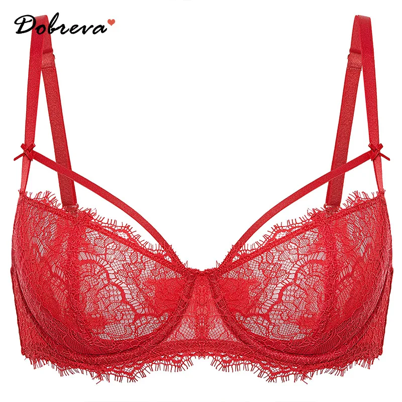 DOBREVA Women\'s Sexy Eyelash Lace Push Up Plus Size Bra Sheer Balconette Underwire Unlined Transparent