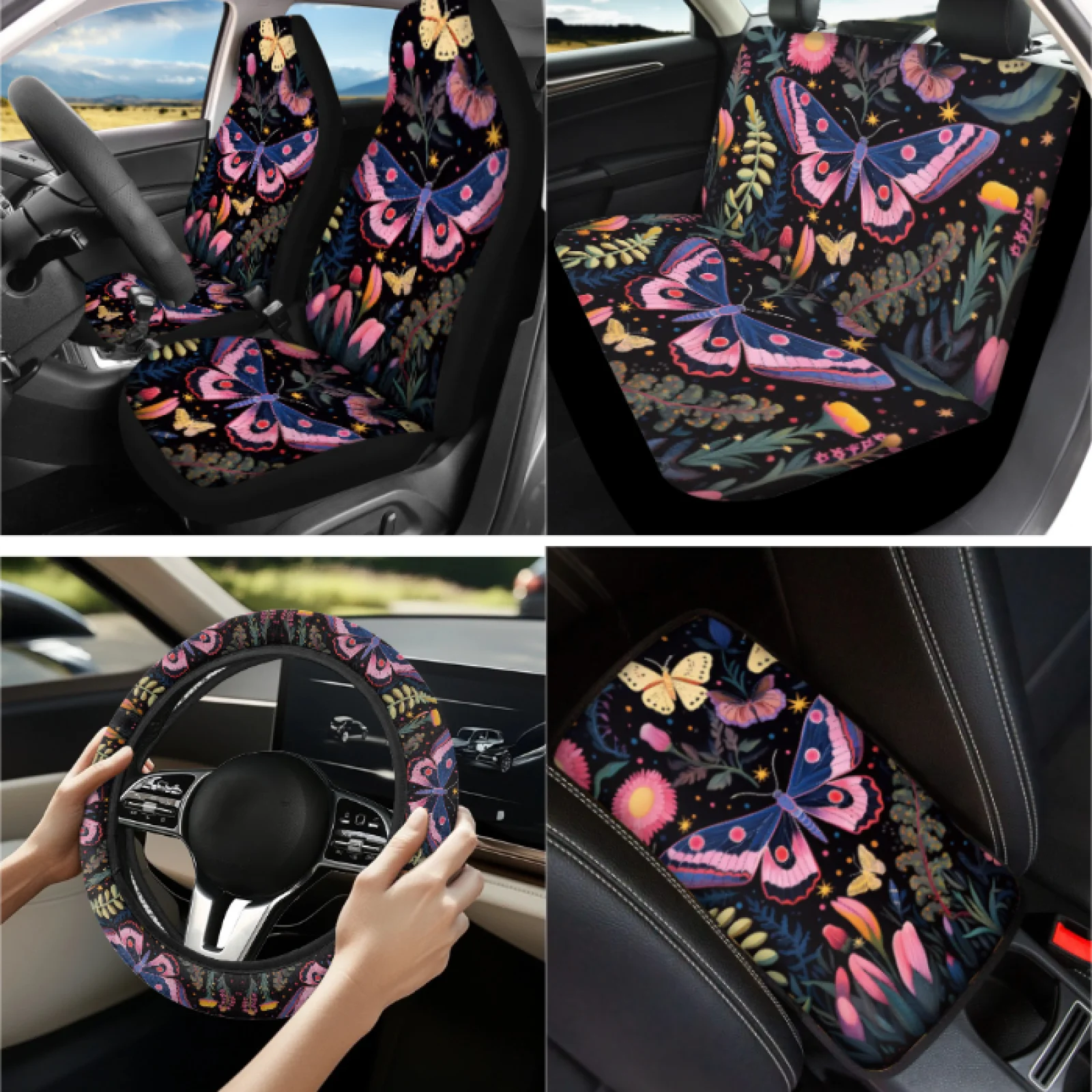 Coloranimal Butterfly Floral Print 13 PCS Set Car Seat Covers Set with Comfortable Lipstick Sleeve and Car Armrest Box Pad