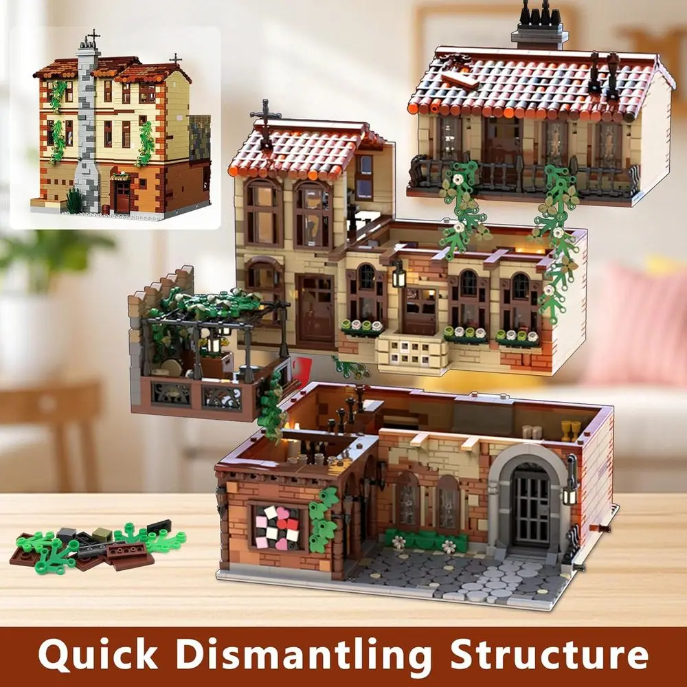 Juego de construcción de villa italiana renacentista de 3 niveles, 3800 piezas con balcón, enredaderas de hiedra, ideal para adultos y adolescentes, decoración del hogar o regalo