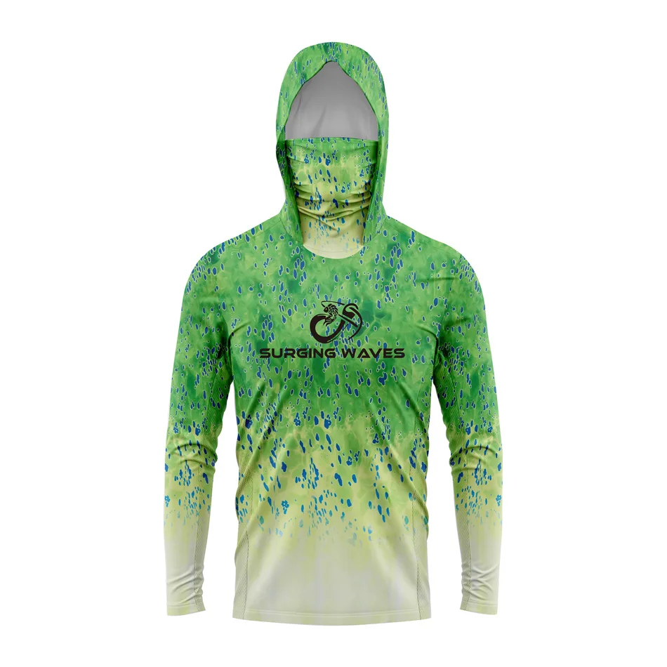 Army Green Camo Colorful Hoodie with Face Mask UV 50+Gaiter Fishing Clothing Men's Long sleeved Breathable Quick Drying T-shirt