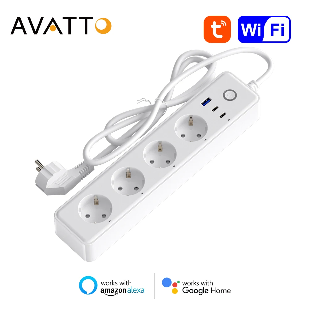 AVATTO EU Plug Power Strip Outlet 1.5m Extension Cord Electrical Socket with 1 USB 2 Type-C Ports Support 2500W Home Appliance