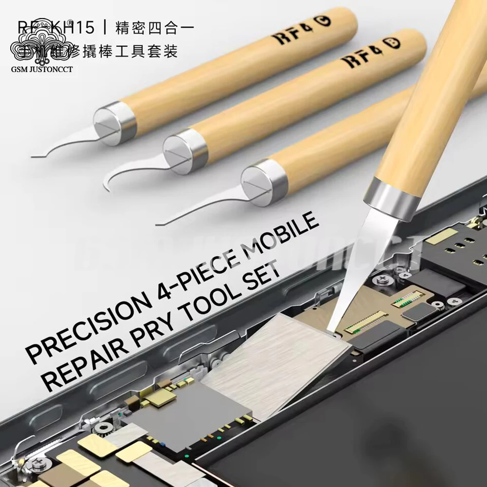 RF4 RF-KH15 4-in-1 Pry Tool Set Wooden Handle Metal Spudger Kit for Phone PCB Chip Glue Removal and Repair
