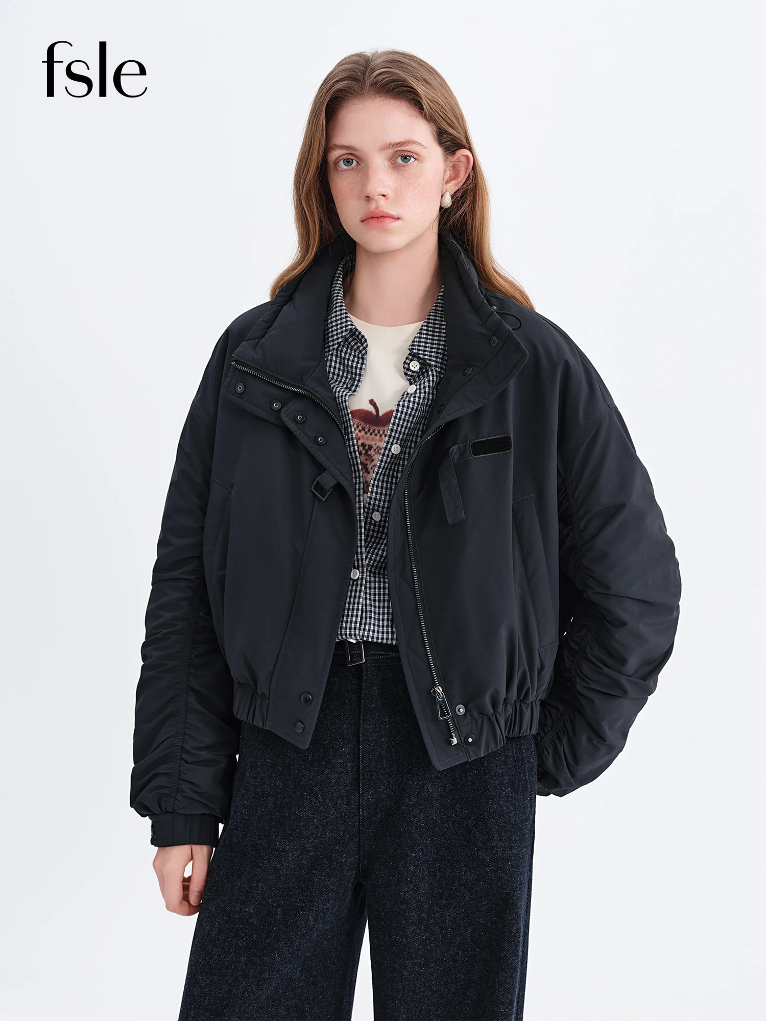 

FSLE Короткая куртка-авиатор с воротником-стойкой, зима 2025, Новое поступление, ветрозащитная флисовая подкладка для теплых коротких курток, зимнее пальто