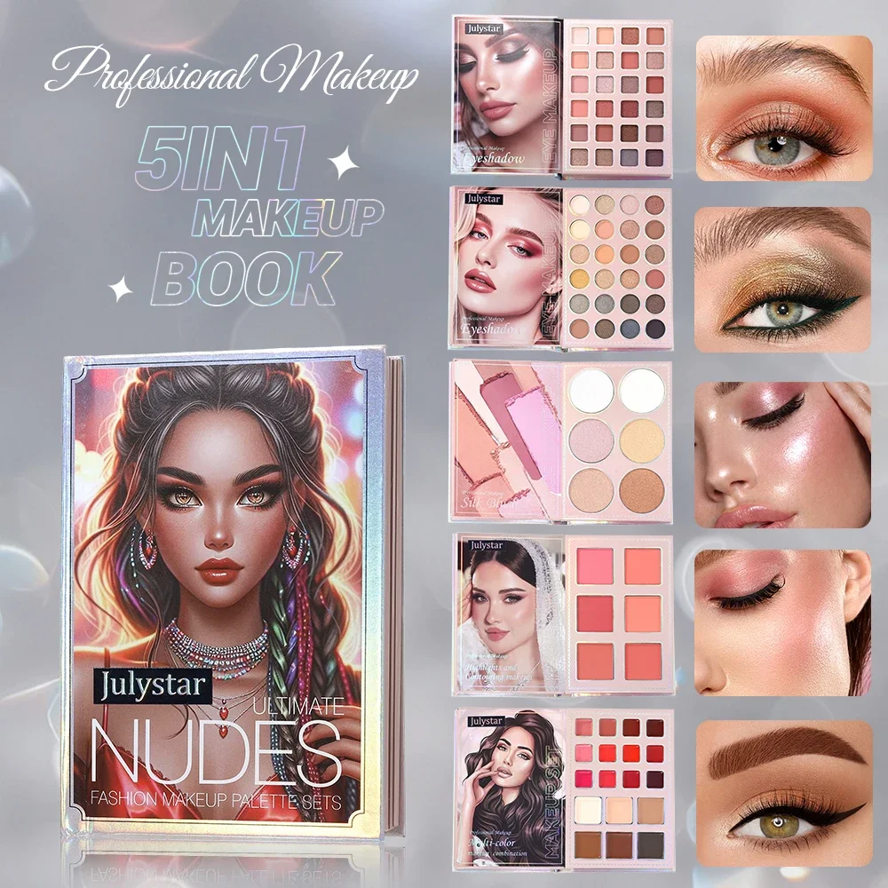 5 in 1 Makeup Book Palette, Eyeshadow Highlighter Blush Lipstick Concealer Eyebrow Gel All In One Makeup Kit