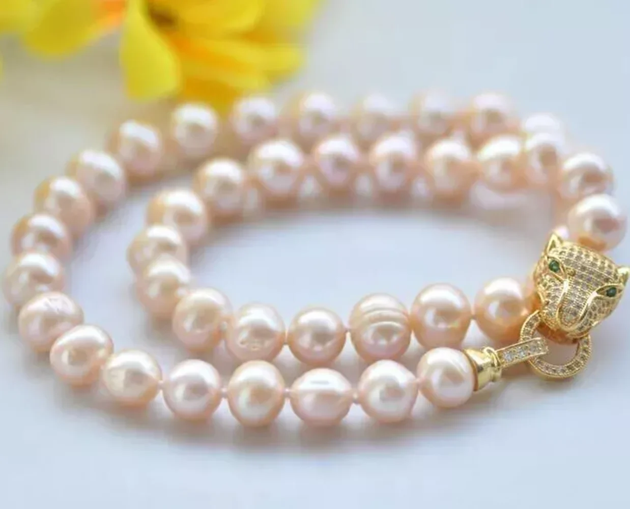 Gorgeous and Beautiful AAA 9-10mm Japanese Akoya Pink Round Pearl Leopard Necklace 925s 16/36inch