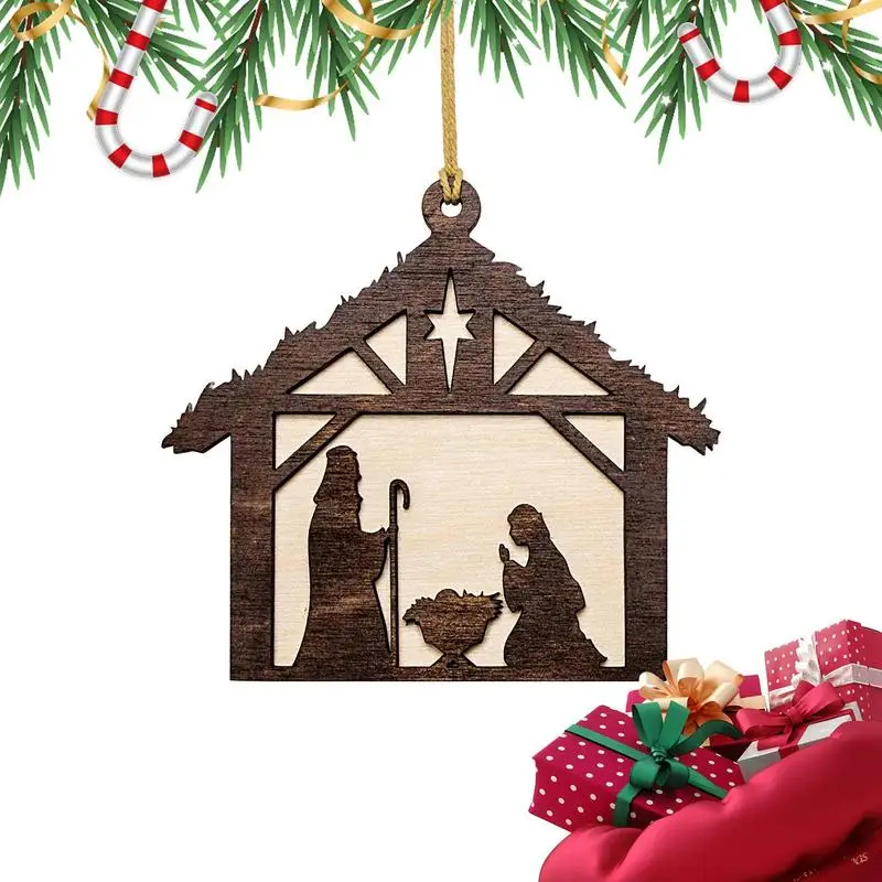 Christmas Nativity Scene Ornaments House Shape Christ Nativity Of Jesus Ornament Christian Christmas Pendant Wooden For Family