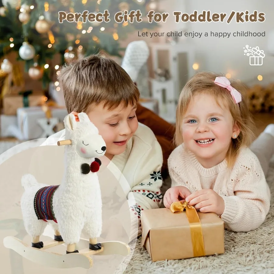 Drewniany konik na biegunach dla niemowląt, pluszowe zwierzątka na biegunach, biały, zabawki do jeżdżenia dla dzieci w wieku 1-3 lat, konik na biegunach lama dla dziewczynki