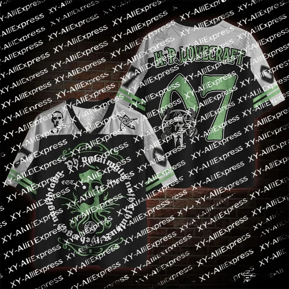Dark Gothic V-Neck Mesh Jersey for Men, Vintage Octopus Horror Art Print, Casual Sporty Top for Street Party & Night Outfit