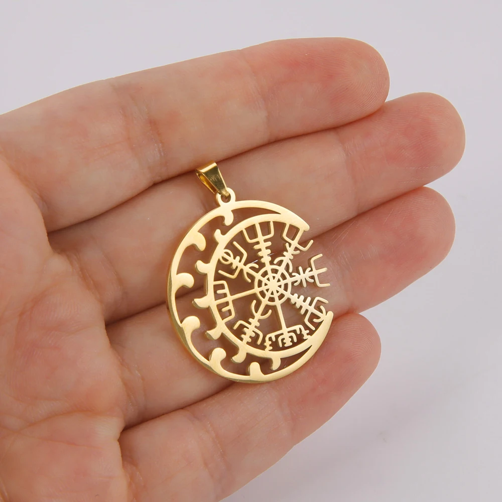 Dawapara Compass Vegvisir Pendant Crescent Amulet Runes Circle Stainless Steel Charms for Jewelry Making Nordic Gifts