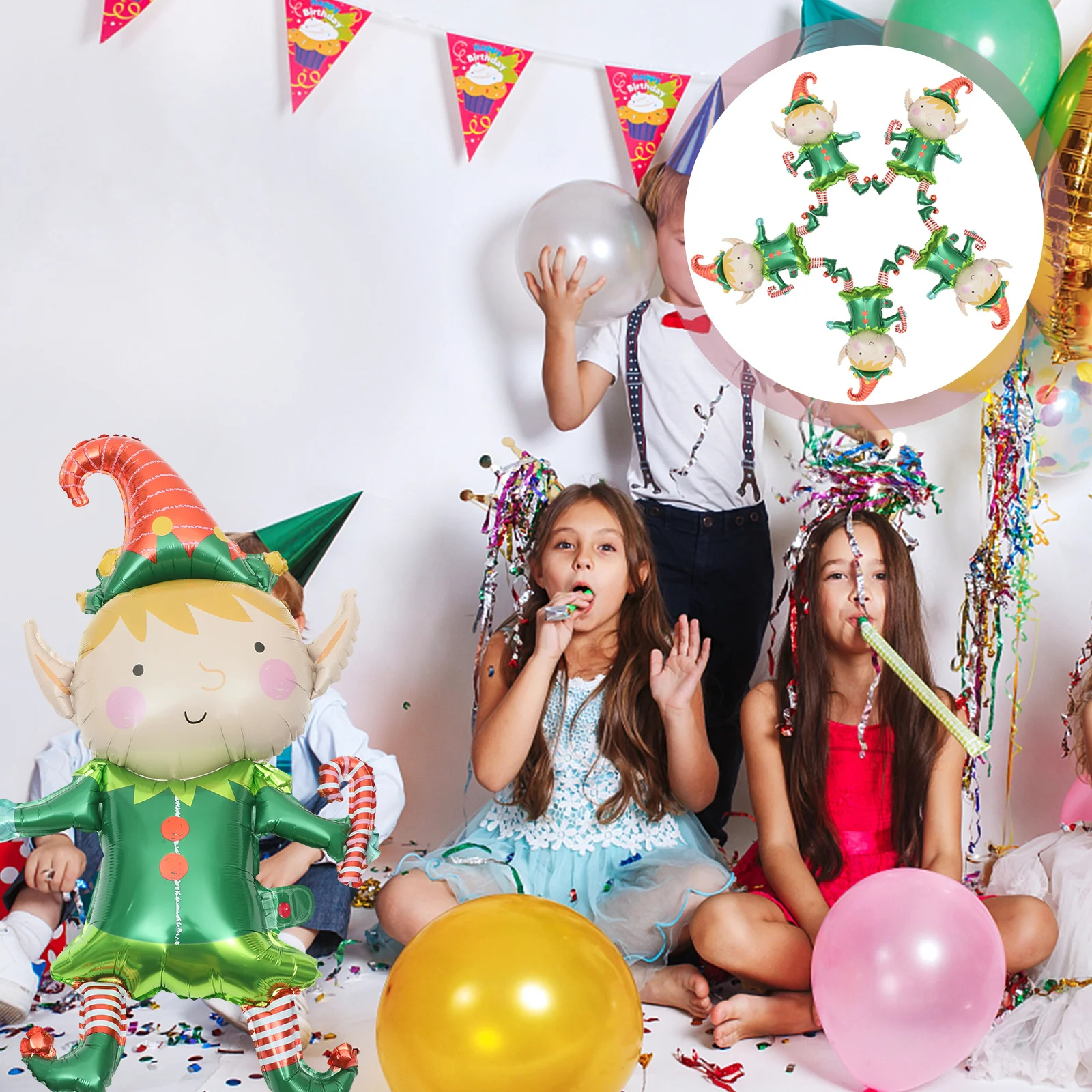 

5Pcs Foil Christmas Balloons Cute Elf Design Hanging Decor for Indoor Outdoor Party Celebration Use Christmas Decorations