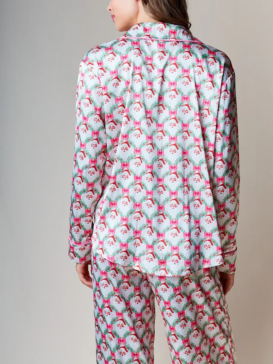 Women's 2 Piece Lounge Set Long Sleeve Santa Claus/Tree Print Shirt Wide Leg Pants Sleepwear Sets