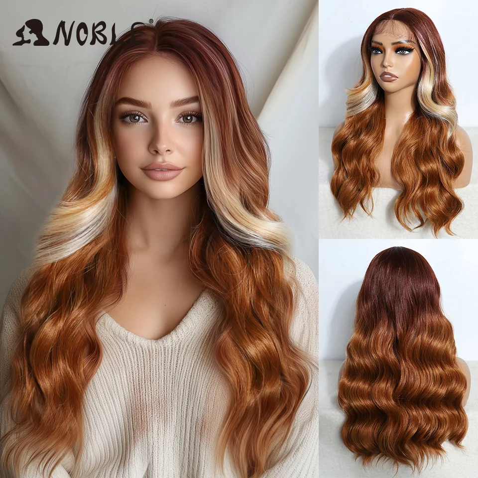 Perruque Lace Front Wig Body Wave synthétique 22 pouces-Noble, perruque Body Wave ombré, orange blonde, vin rouge, perruques Cosplay blanches faciles à porter pour femmes