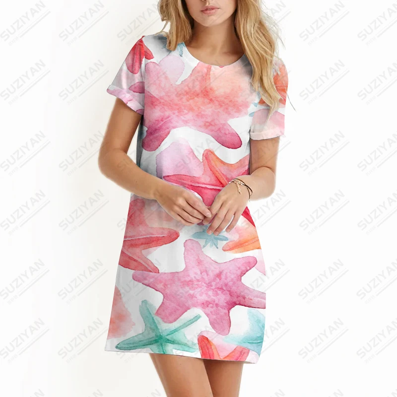 Deslumbrante estrela do mar impressão 3D vestido de praia feminino, vestido de verão coreano, lindo vestido para todos os jogos