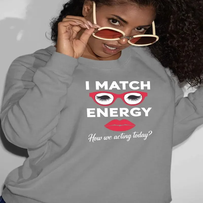 

Женская толстовка больших размеров, круглый вырез I Match Energy Green Graphic, длинный рукав, повседневный пуловер из полиэстера с красной губой