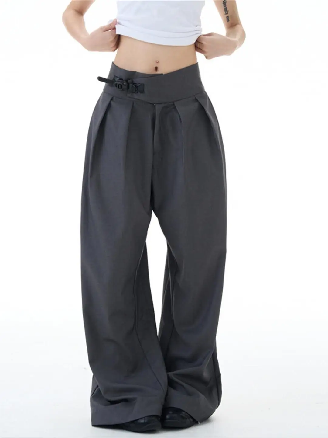 

Мужские повседневные брюки в американском ретро-стиле: свободные, универсальные, с высокой талией, плиссированные, широкие штанины, с регулируемым поясом, синие