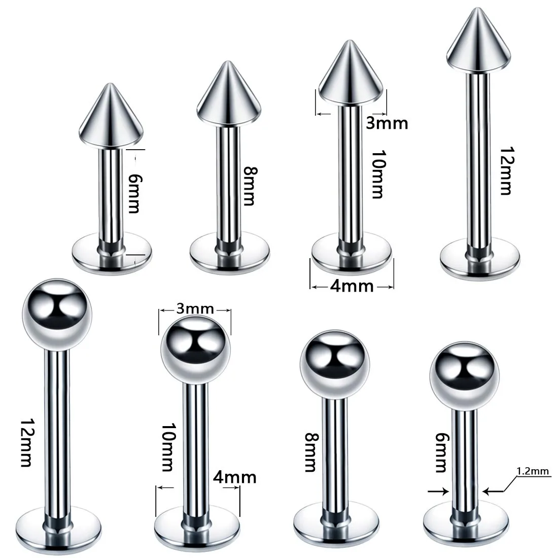 10PC Titanium Spike Ball Labret Stud Nose Lip Helix Bar Stud Taper Tongue Piercing Ear Tragus Cartilage Earring Body Jewelry 16G