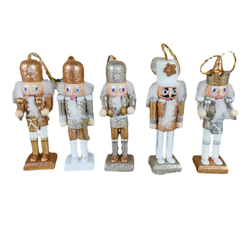 5Pcs Christmas  Gold Powder Soldier Nutcracker Ornaments Christmas Wooden Pendant Nutcracker Xmas Nutcracker Soldier Handpainted