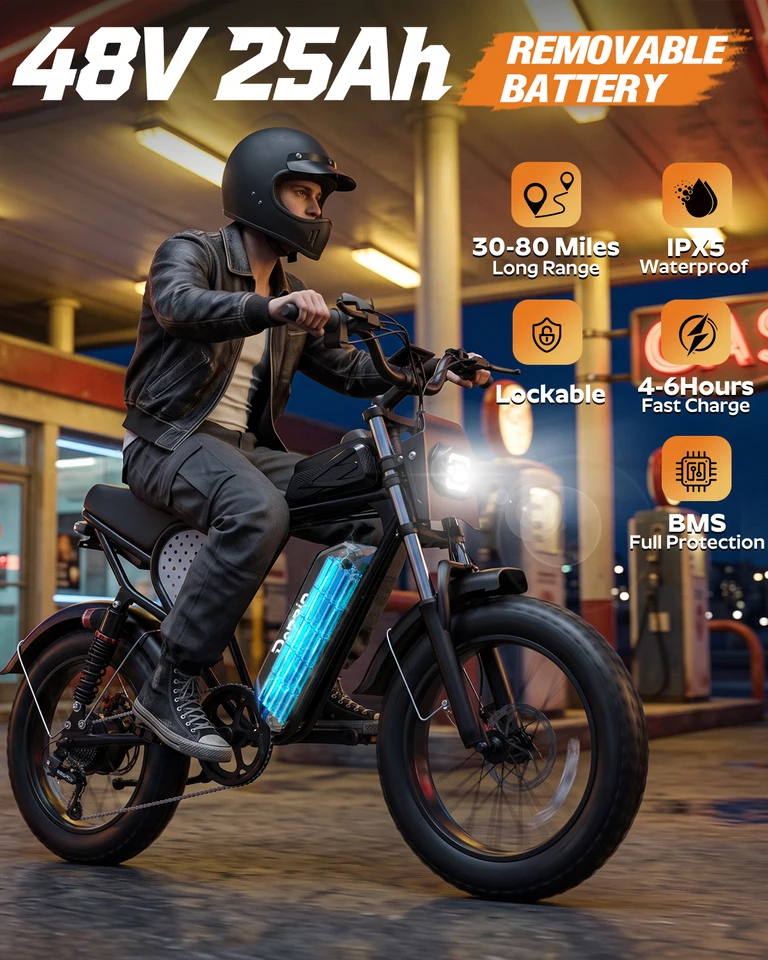Bopzin Electric Bike for Adult 2000W Peak Motor 48V 25Ah Removable Battery Up to 80 Miles Range Smart App 20" Fat Tires Hydraulic Disc BrakesDual Suspension image 4
