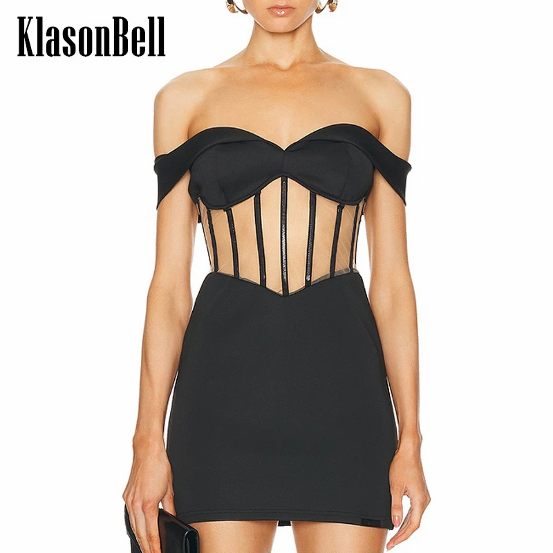 

6.14 KlasonBell Women's Party Banquet Fishbone Spliced Strapless Package Hip Dress Sexy Sheer Mesh Off-Shoulder Mini Dress