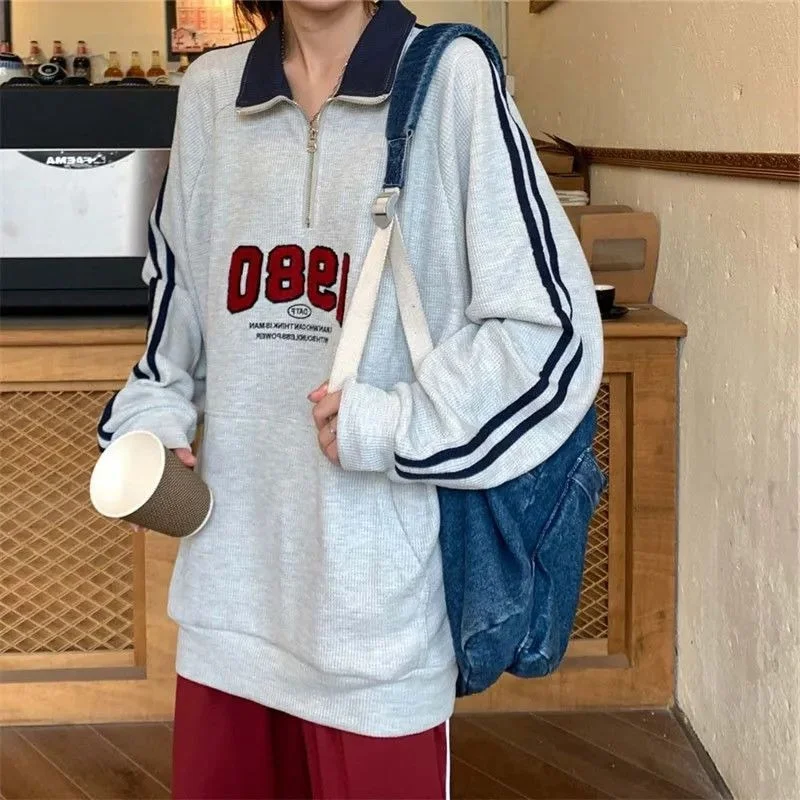 

plus Size Women's Sweatirt Stand Collar Loose Fit f Zipper Spring Autumn Casual Outerwear Comfortable Breathable Streetwear