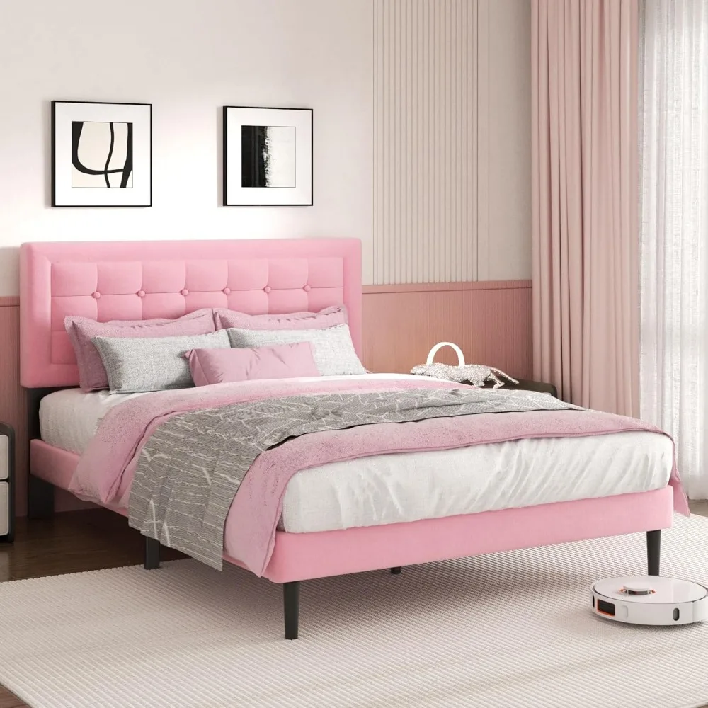

Platform Bed Frame with Velvet Upholstery, Tufted Headboard with Buttons, Slatted Wood Support, No Need for Spring Mattresses