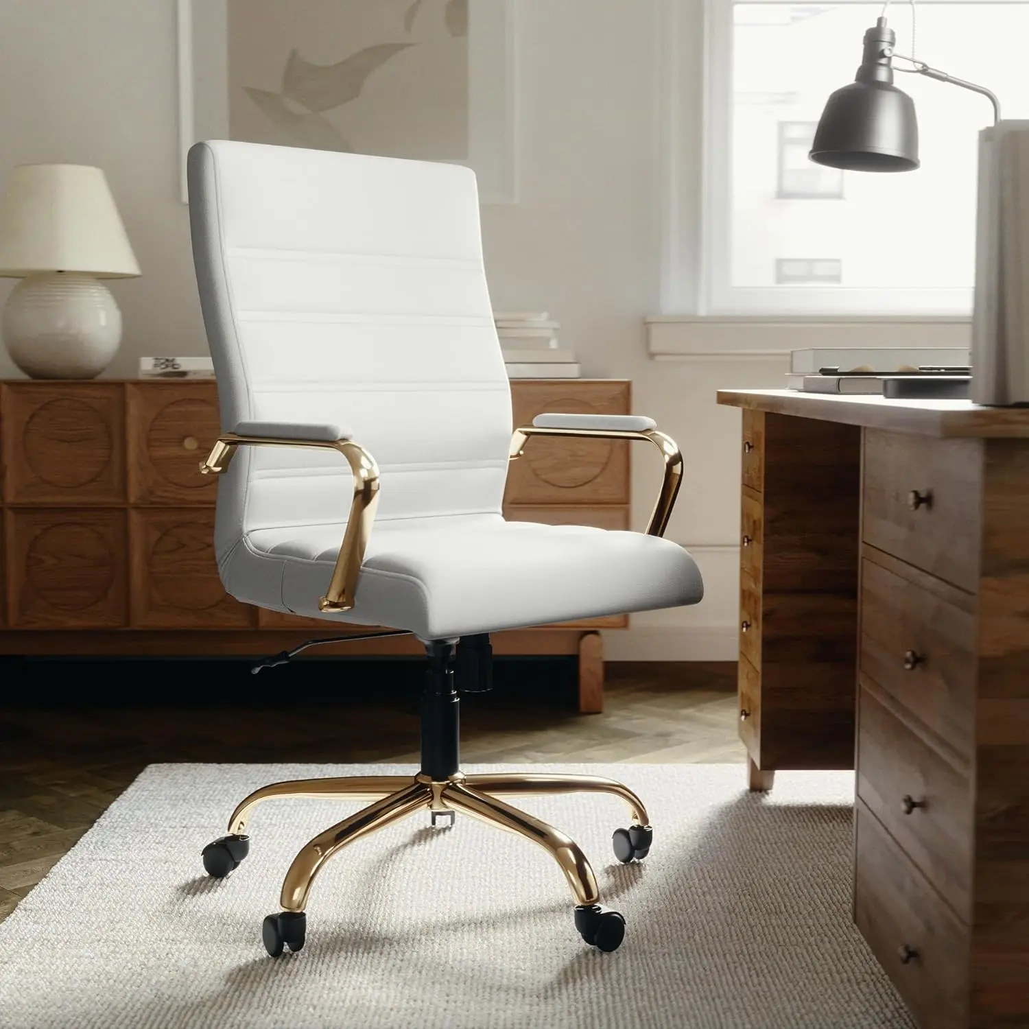 High Back Executive Office Chair White Faux Leather Ergonomic Swivel, Customized