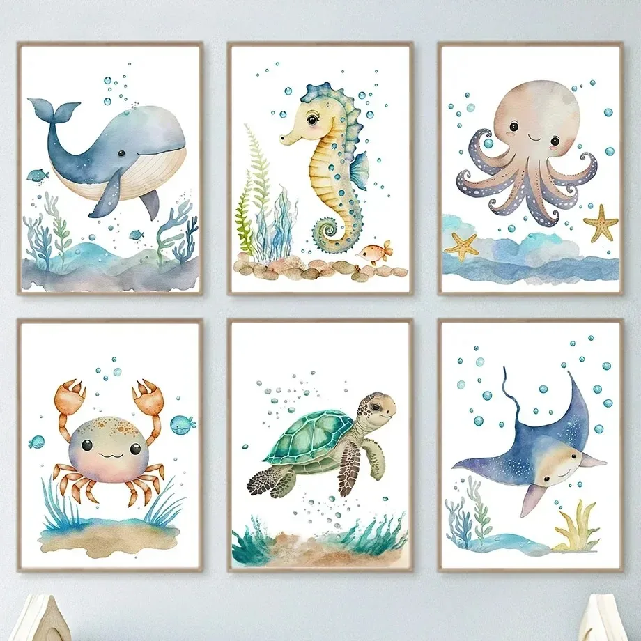Pósteres e impresiones artísticos De pared con ballena, caballo de mar, pulpo, cangrejo, tortuga, pintura en lienzo nórdica para guardería, imagen para habitación De bebés y niños