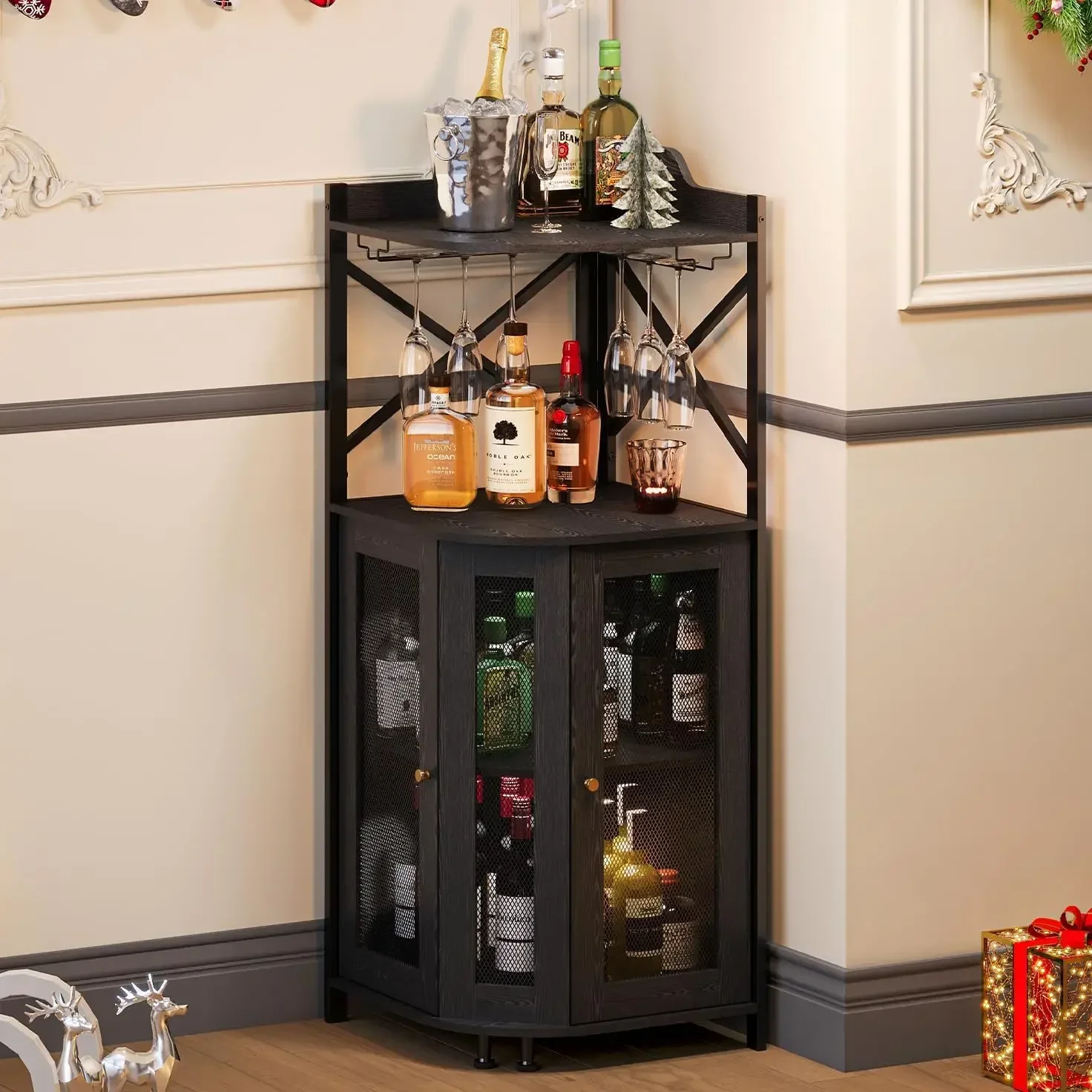 

Corner Bar Cabinet with Glass Holder, 4-Tier Industrial Wine Bar Cabinet with Door, Liquor Cabinet Bar for Home, Farmhouse Corne