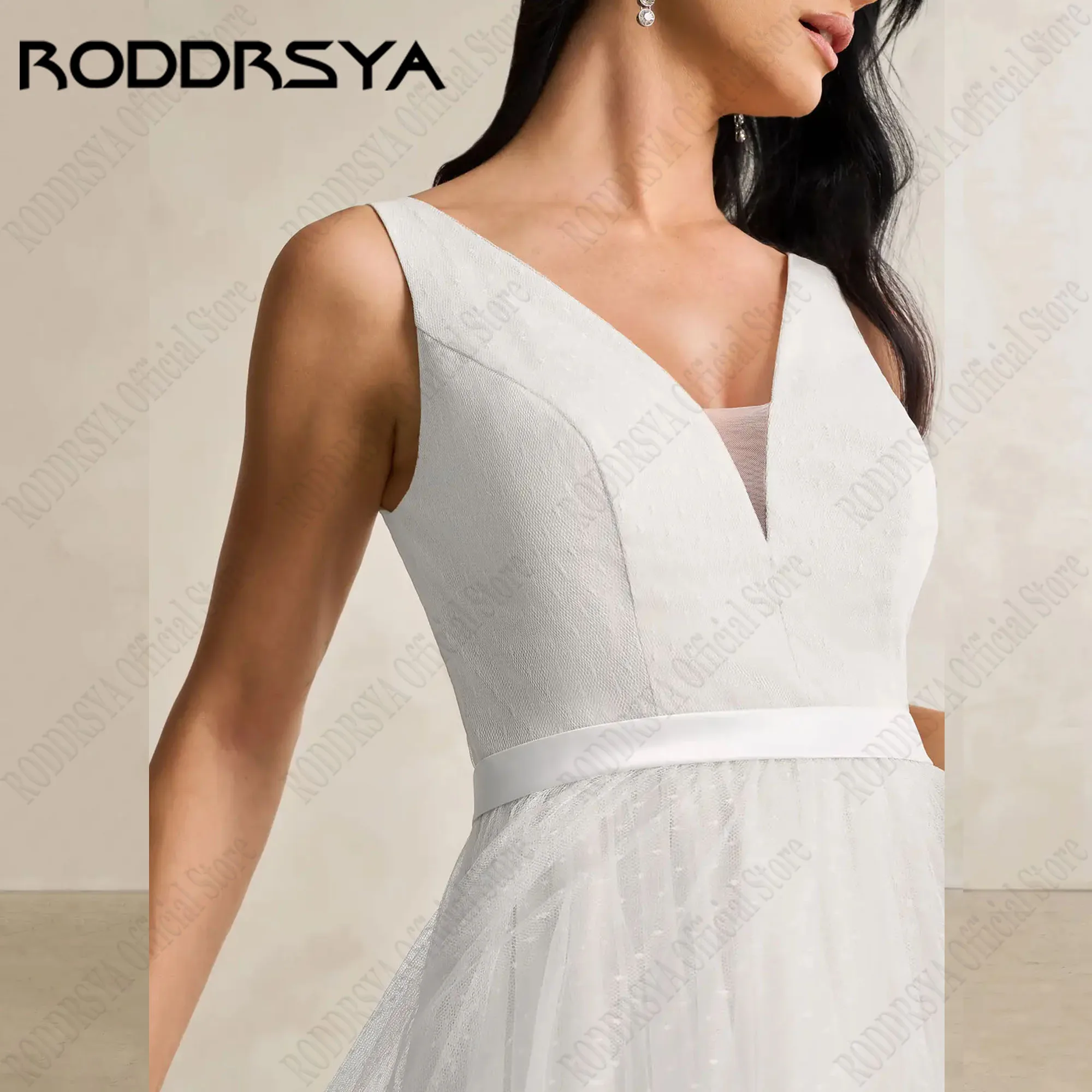 RODDRSYA Simple Sleeveless Wedding Gowns Women A-Line V-Neck Tulle Bride Dresses With Bow Backless robe de mariée Customized