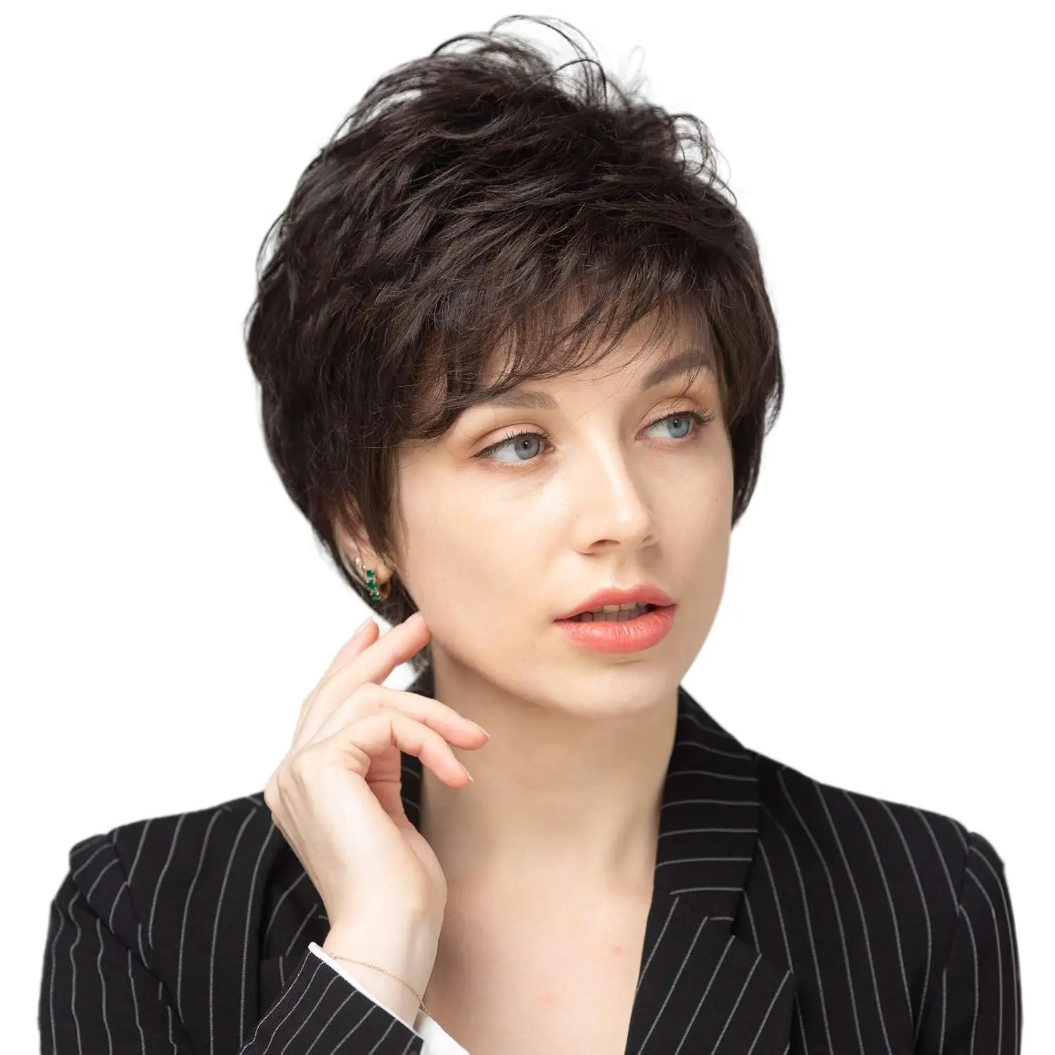 Short Dark Brown Blend Human Hair Wigs For Women And Lady - Natural Hair Pixie Cut Wig With Bang, Daily Use (Color 6#)