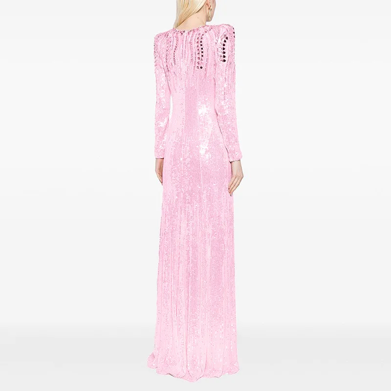 Spot Goods 2025 European and American Celebrity Fashion Heavy Sequin Beaded Rhinestone Mesh Long Dress