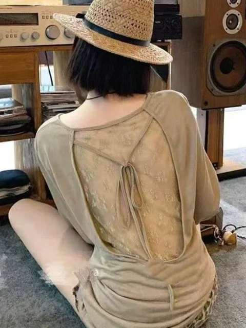 Tシャツ女性服パッチワークレースセクシーな Tシャツ韓国 Camisetas 包帯背中の開いたシックな夏 Y2k Tシャツ Ropa Mujer