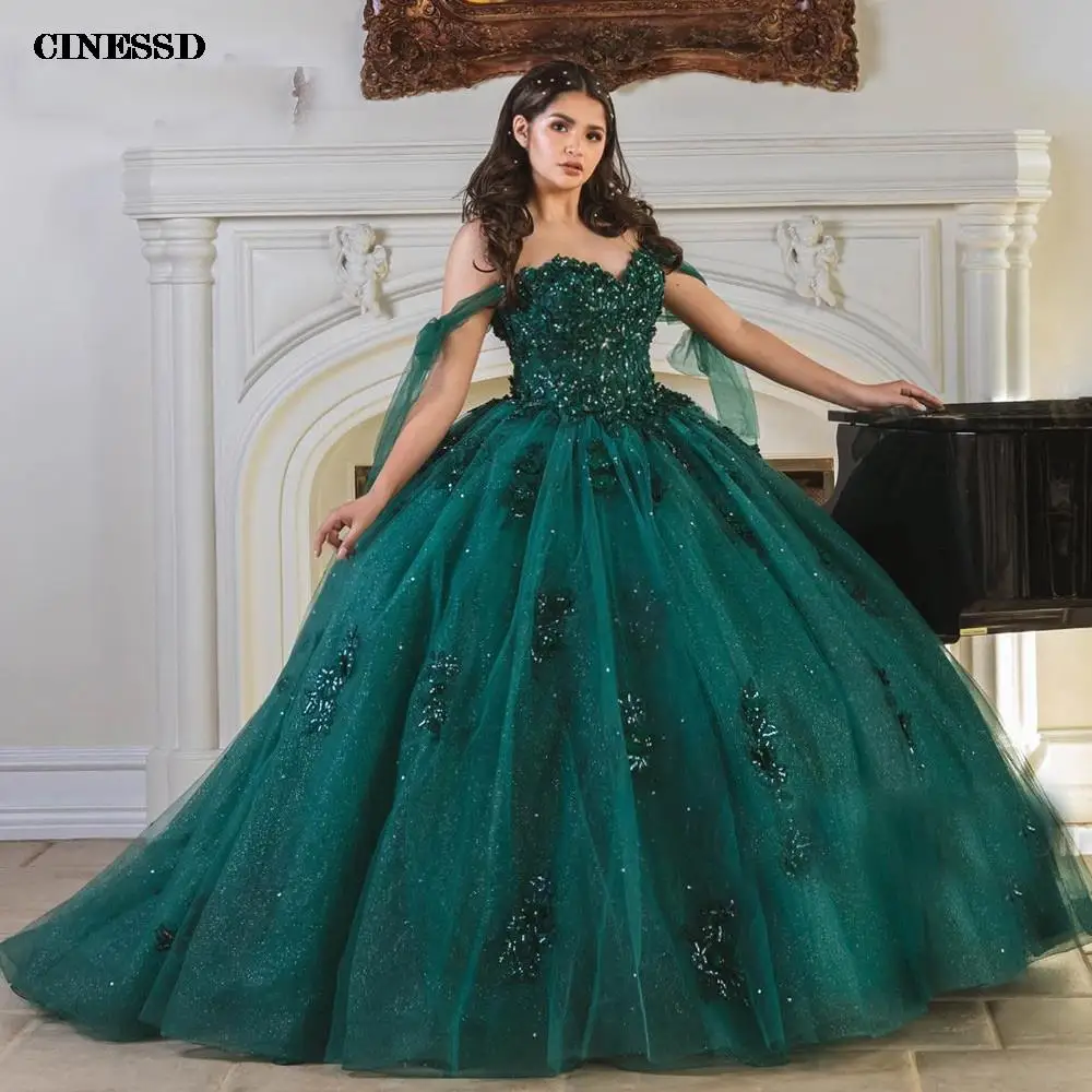 

Green Quinceanera Dresses Off The Shoulder Puffy Ball Gown Sweet 16 Dress Beaded Lace Up Back 15 Year Party Gown