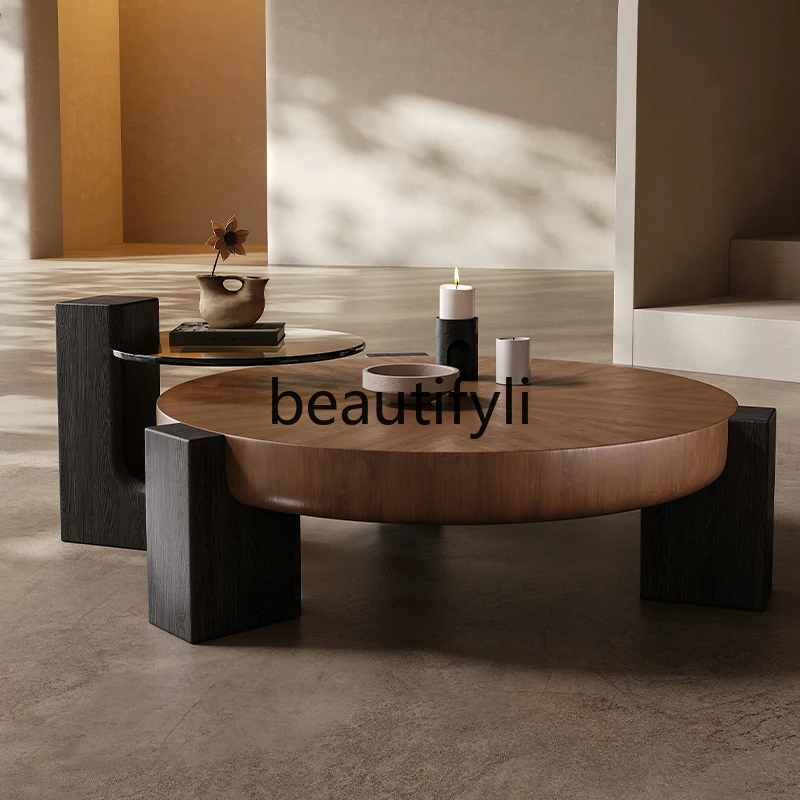 

Italian minimalist round coffee table living room home light luxury high sense designer antique walnut