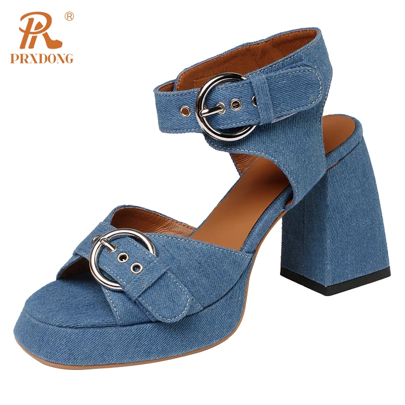 PRXDONG New Brand Summer Quality Women's Sandals Chunky High Heels Platform Buckele Ankle Strap Black Blue Dress Party Shoes 39