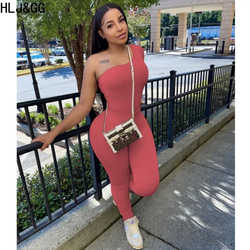 HLJ&GG Fashion Off Shoulder Street Style Women Sleeveless Top And Skinny Pants Two Piece Sets Casual Solid Matching 2pcs Outfits