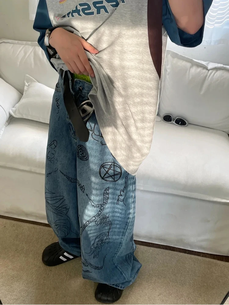 HOUZHOU pantalones vaqueros holgados de Hip Hop para hombre, Jeans azules de gran tamaño, pantalones de pierna ancha estampados, ropa de calle