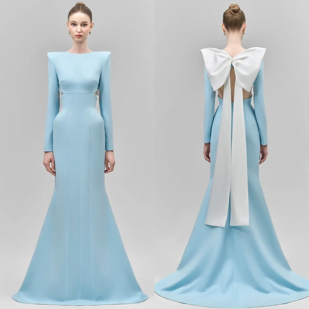 

Customized Modern Style Formal Jersey Bow Pleat Mermaid Scoop Neck Long Dresses Bespoke Occasion Dresses Sizes Available Simple