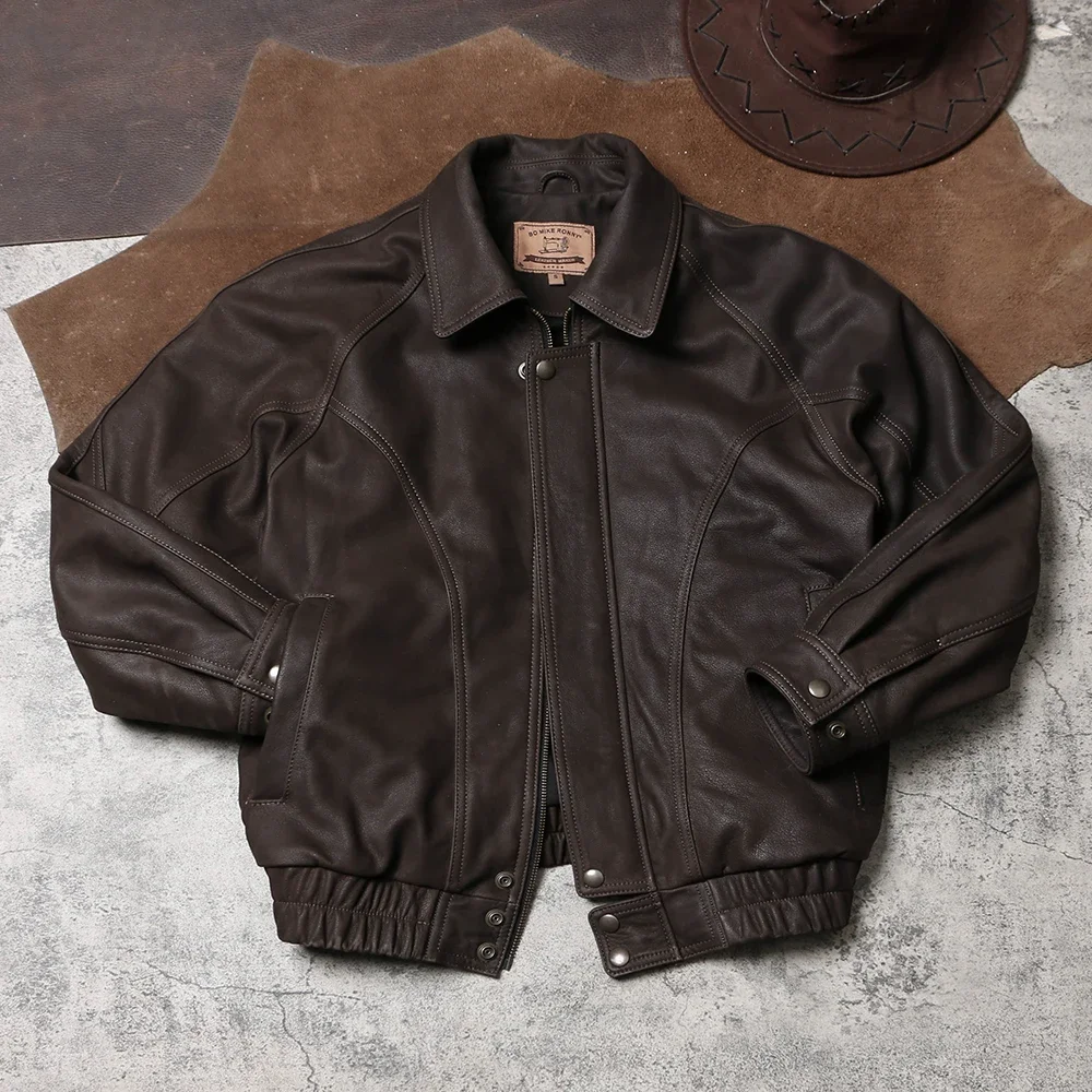 Tailor Brando Heavyweight Uncoated Brushed Cowhide Men's Loose Fit Vintage 90'S Classic Leather Jacket