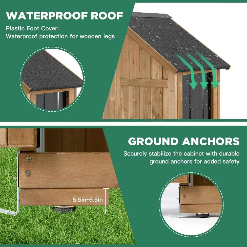 خزانة تخزين خارجية مقاومة للعوامل الجوية مع سقيفة معدنية وخشبية وأبواب قابلة للقفل وأرفف قابلة للتعديل وسقف متين لـ Secure S