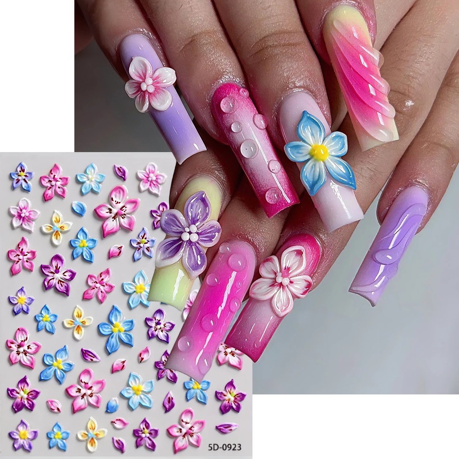 1PC 5D Embossed 5-Petal Flower Nail Stickers, Pink Blue Yellow Floral Decals, Watercolor Bloom Self-Adhesive Nail Embellishments