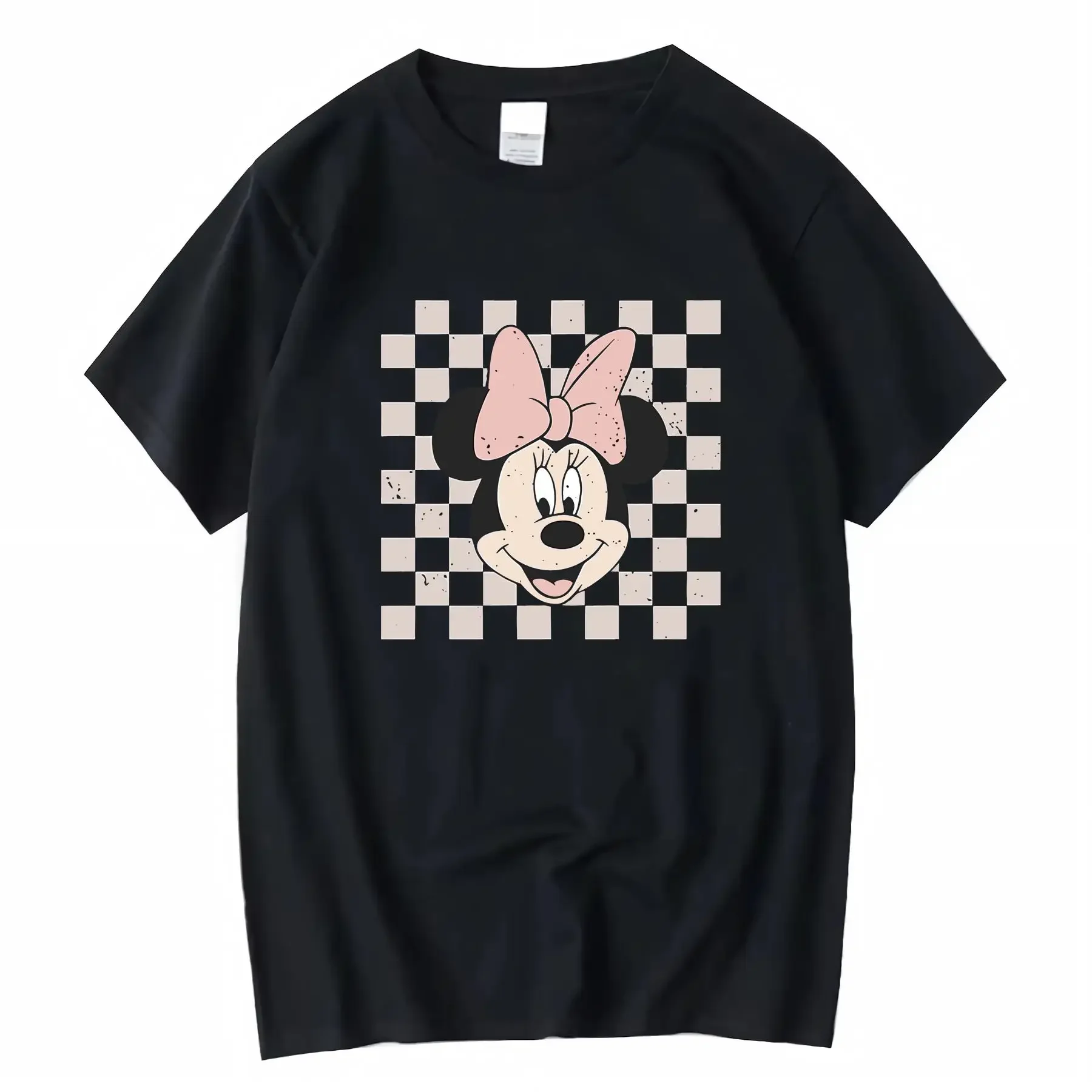 

Plus Size Women's Retro Minnie Mouse Checkered T shirt Black White Geometric Pattern with Pink Bow Casual Summer Round vintage