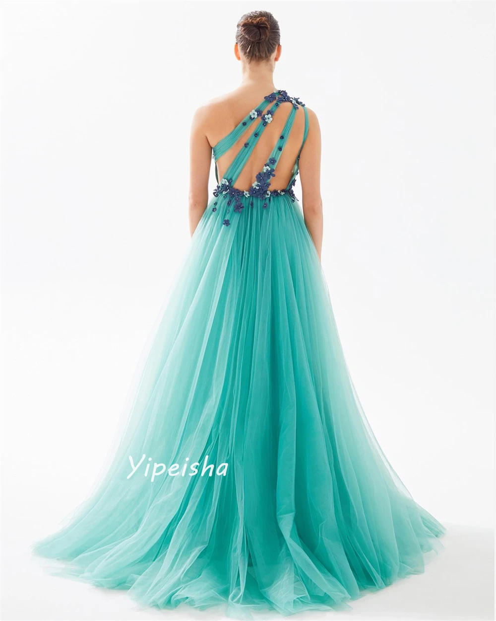 Customized Exquisite Modern Style One-Shoulder Ball gown Flowers Beading Draped Floor-Length Tulle Evening Dresses