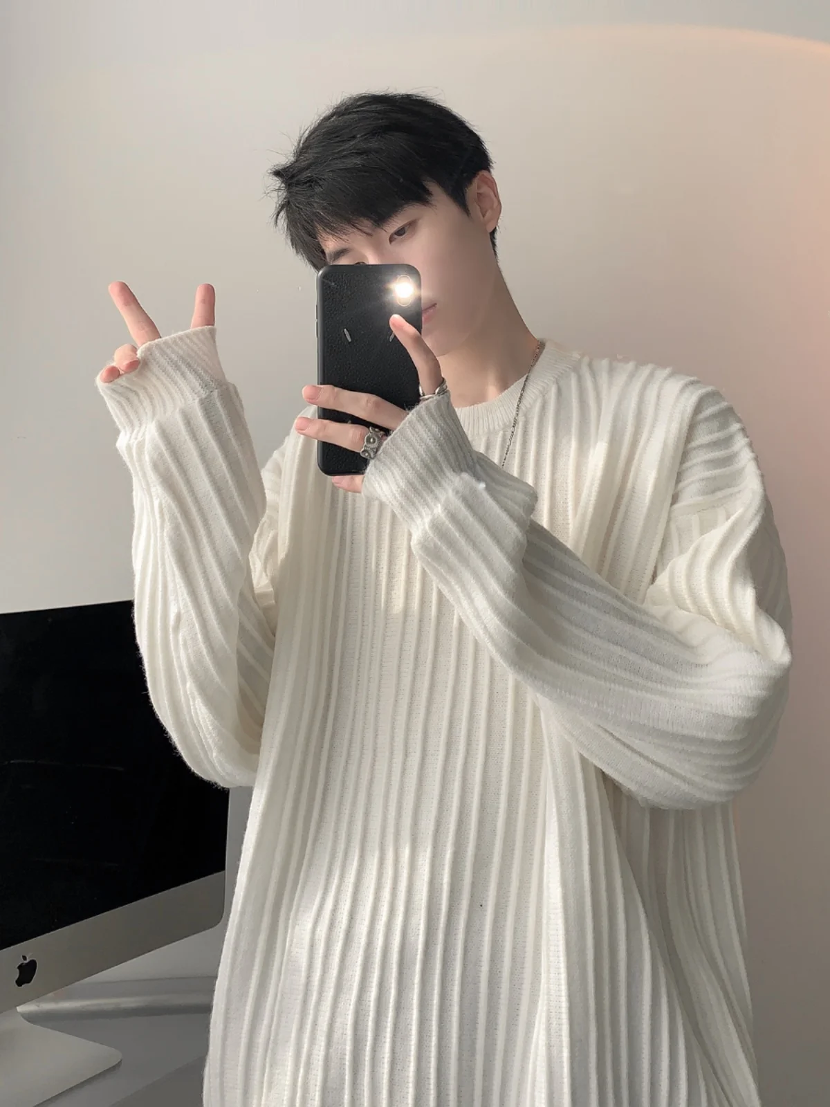 

Белый свободный вязаный свитер для мужчин: весенне-осенний, повседневный, для ношения под одеждой, для подростков, базовый, удобный, в стиле кэжуал, модный