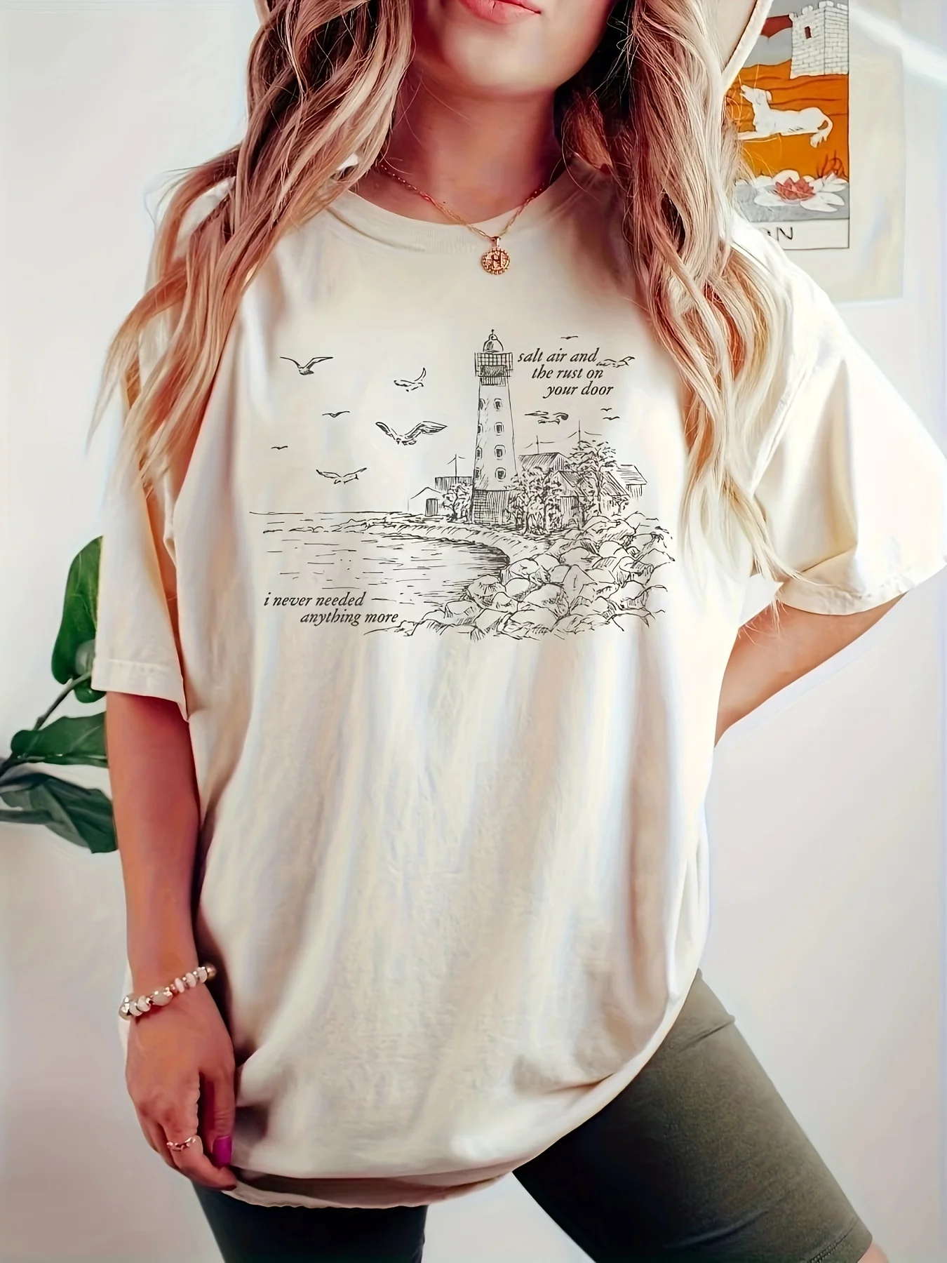 그래픽 프린트 크루넥 티셔츠, 봄 & 여름용 캐주얼 반소매 티셔츠, 여성 의류