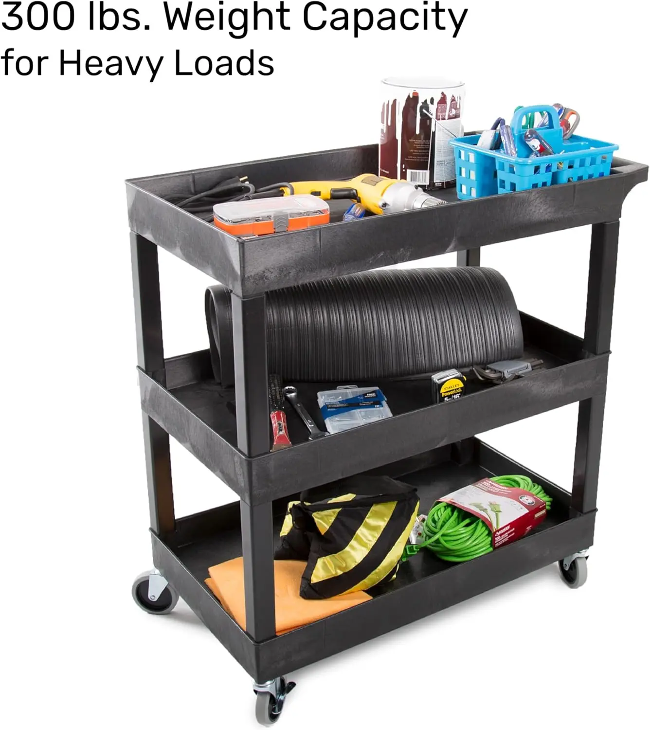 3-Tier Rolling Utility Cart with Wheels | Supports 300 lbs. Total | Heavy-Duty Capacity for Garage Storage, Office Spaces