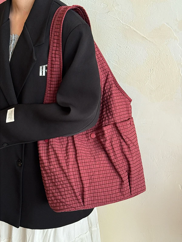 

Корейская клетчатая сумка-ведро в стиле ретро, женская большая сумка-тоут на одно плечо, пригородная сумка из холста, осень 2025 г.