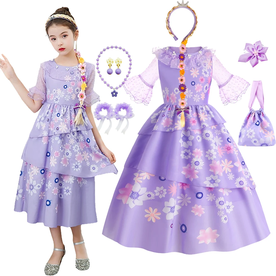 Kids Lavender Floral Layered Cake Dress Polka Dot Mesh Bell Sleeve Elegant Princess Outfit Carnival Dress Up Casual Wear