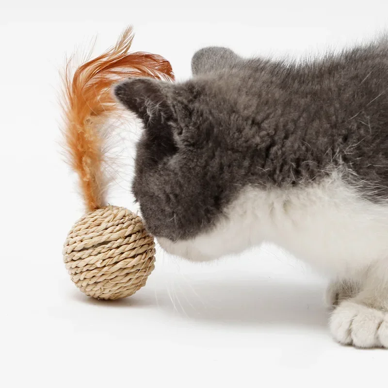 Woven Ball Cat Toy Funny Interactive Feather Cat Chew Ball Toy with Bell for Indoor Kitten Cat Playing Trainning Home Pet Supply